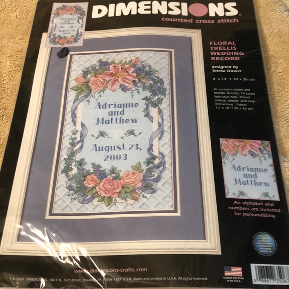 NIP Dimensions Floral Trellis Wedding Record 8x14” counted cross stitch - Picture 2 of 7